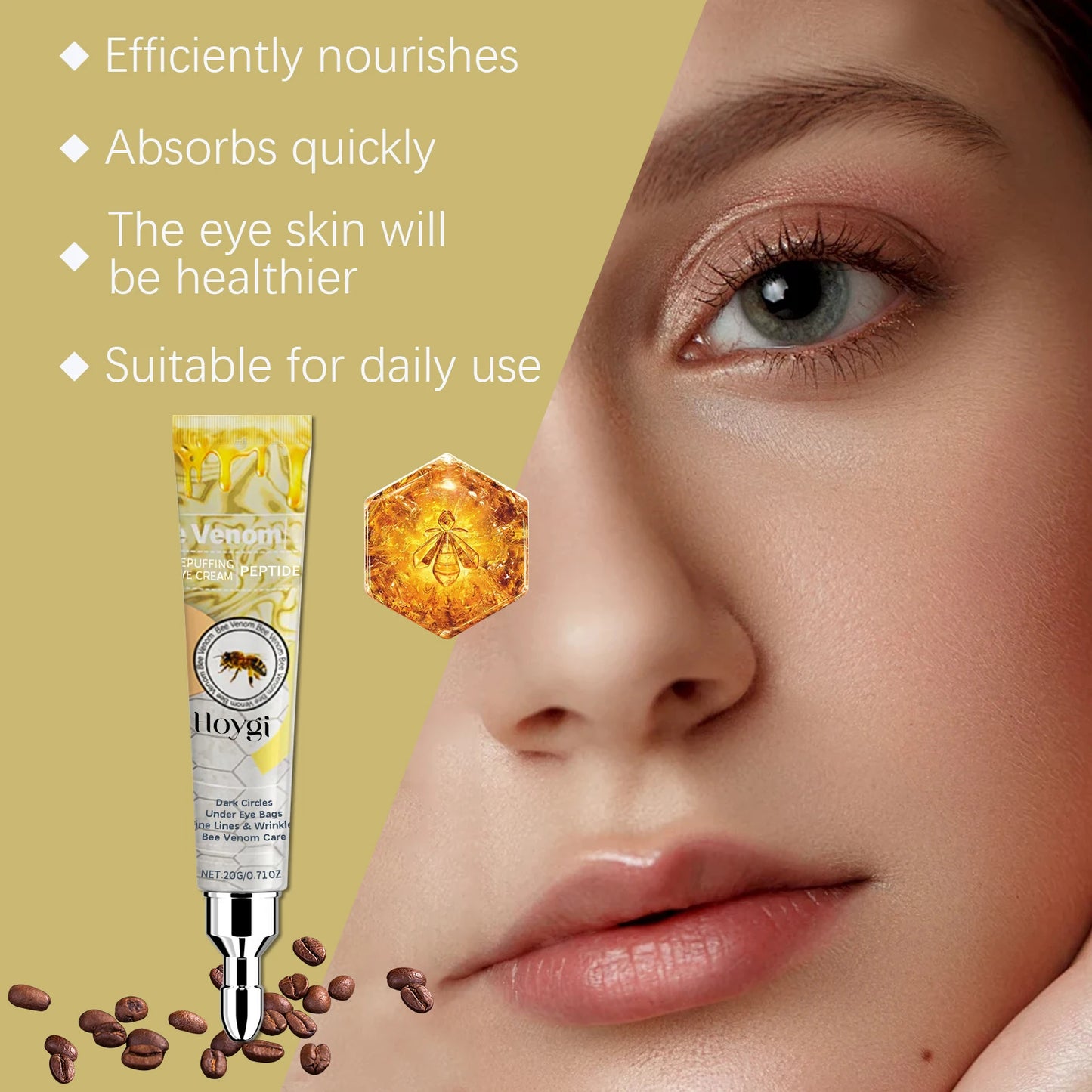 Promotional image for Hoygi eye cream, emphasizing its efficient nourishment, quick absorption for healthier eye skin, and daily applicability, with a model in the background.