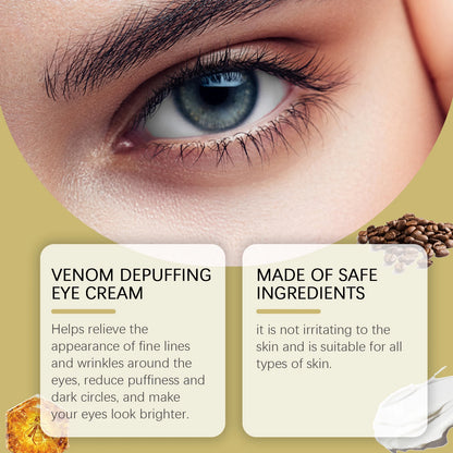 Close-up of a human eye with two text boxes: one describing "Venom Depuffing Eye Cream" benefits like reducing fine lines, wrinkles, puffiness, and dark circles for brighter eyes, and the other stating it's "Made of Safe Ingredients" and non-irritating for all skin types.