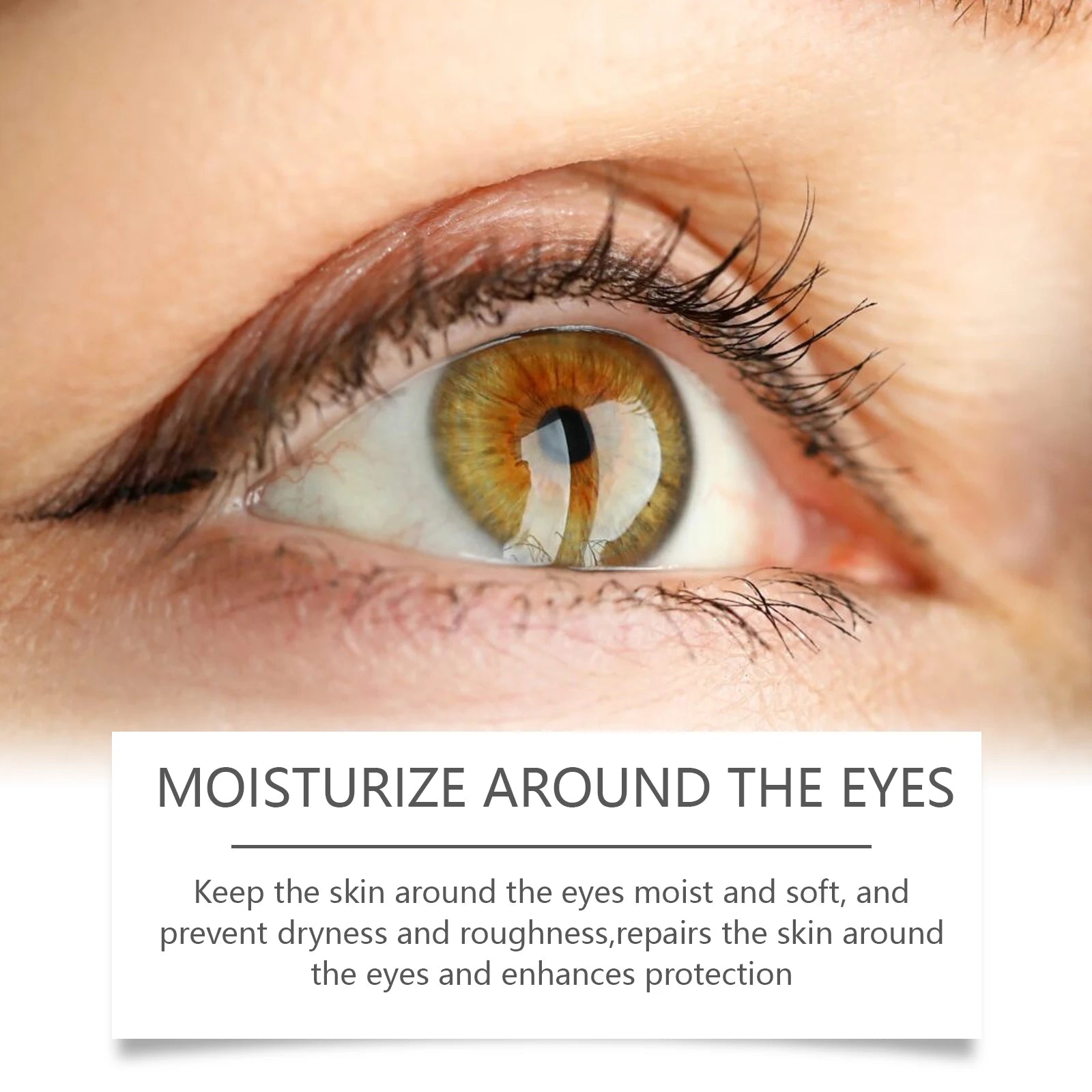 Graphic highlighting the moisturizing properties of an eye product, ensuring the skin around the eyes remains moist and soft, preventing dryness and roughness, while also repairing and enhancing its protective barrier.