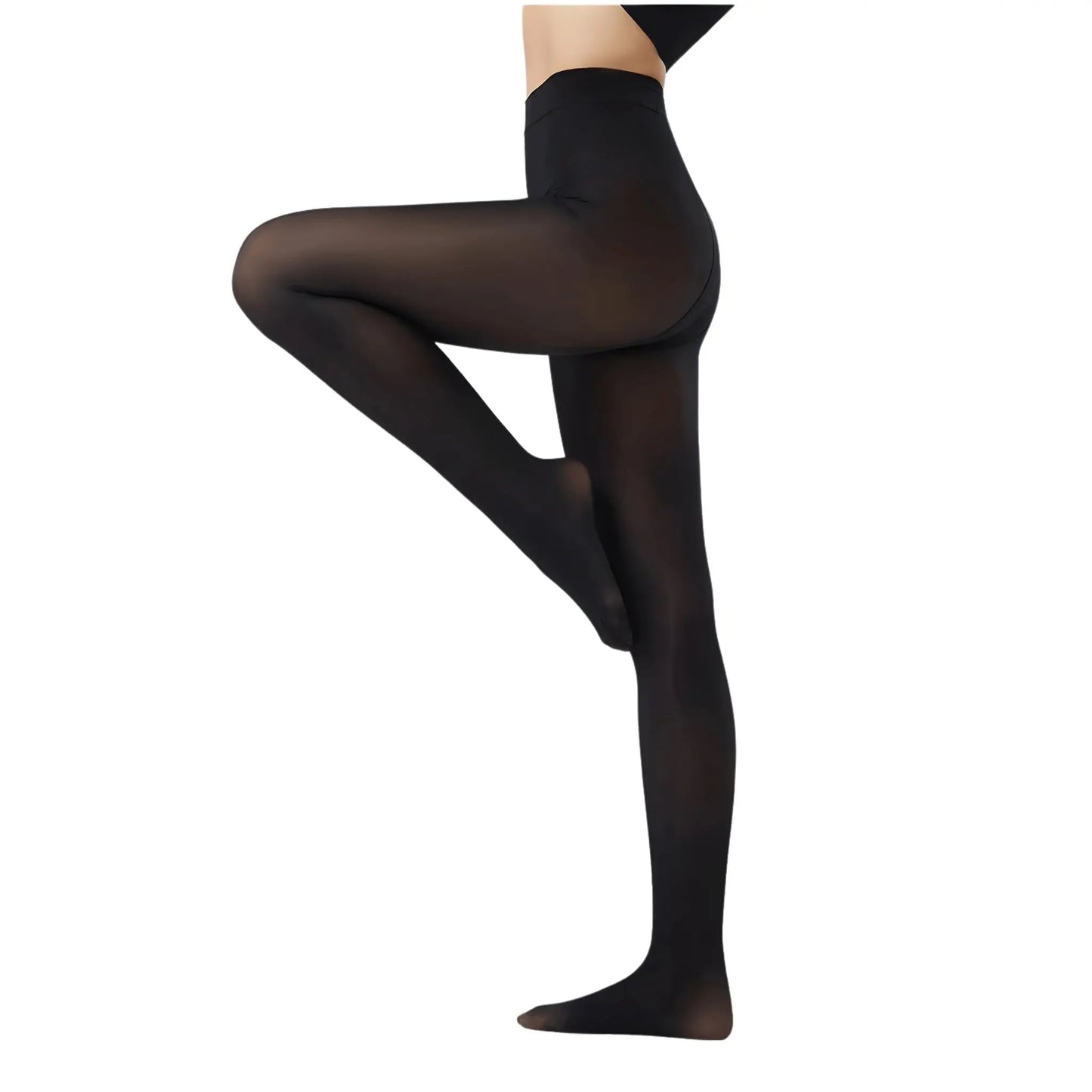 A three-quarter shot of a female model sitting on the floor, wearing nude or light beige ultra-sheer slimming tights and a light cream-colored athletic crop top. The control-top waistband is visible.